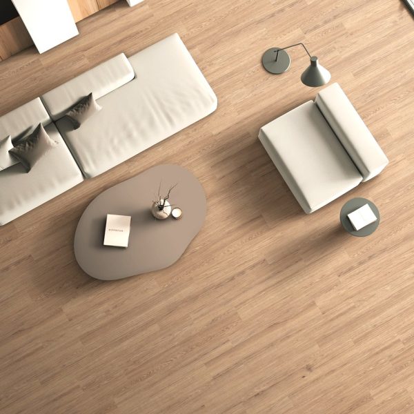 Top view of cozy living room interior with sofa and window